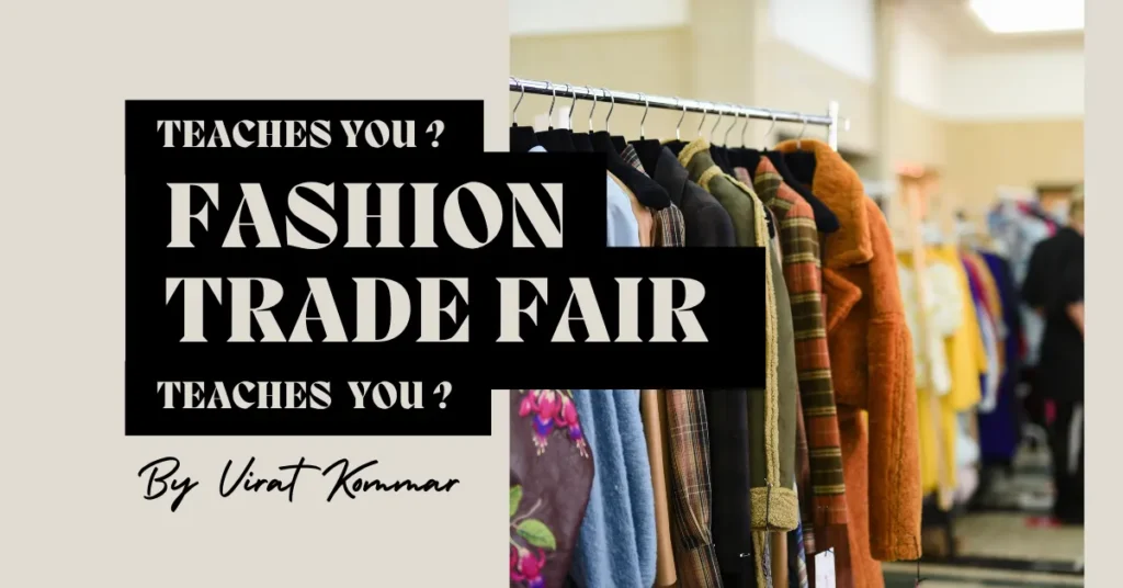 Fashion trade fair showcasing textile displays, fabric samples and fashion collections